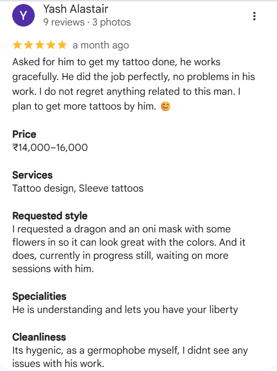 Client testimonial screenshot 5 for Rathnam Tattoos Studio, Vijayawada
