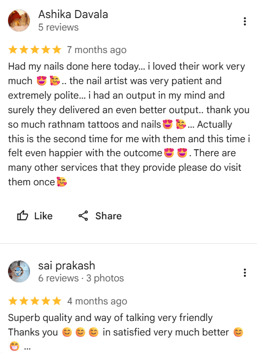 Client testimonial screenshot 9 for Rathnam Tattoos Studio, Vijayawada